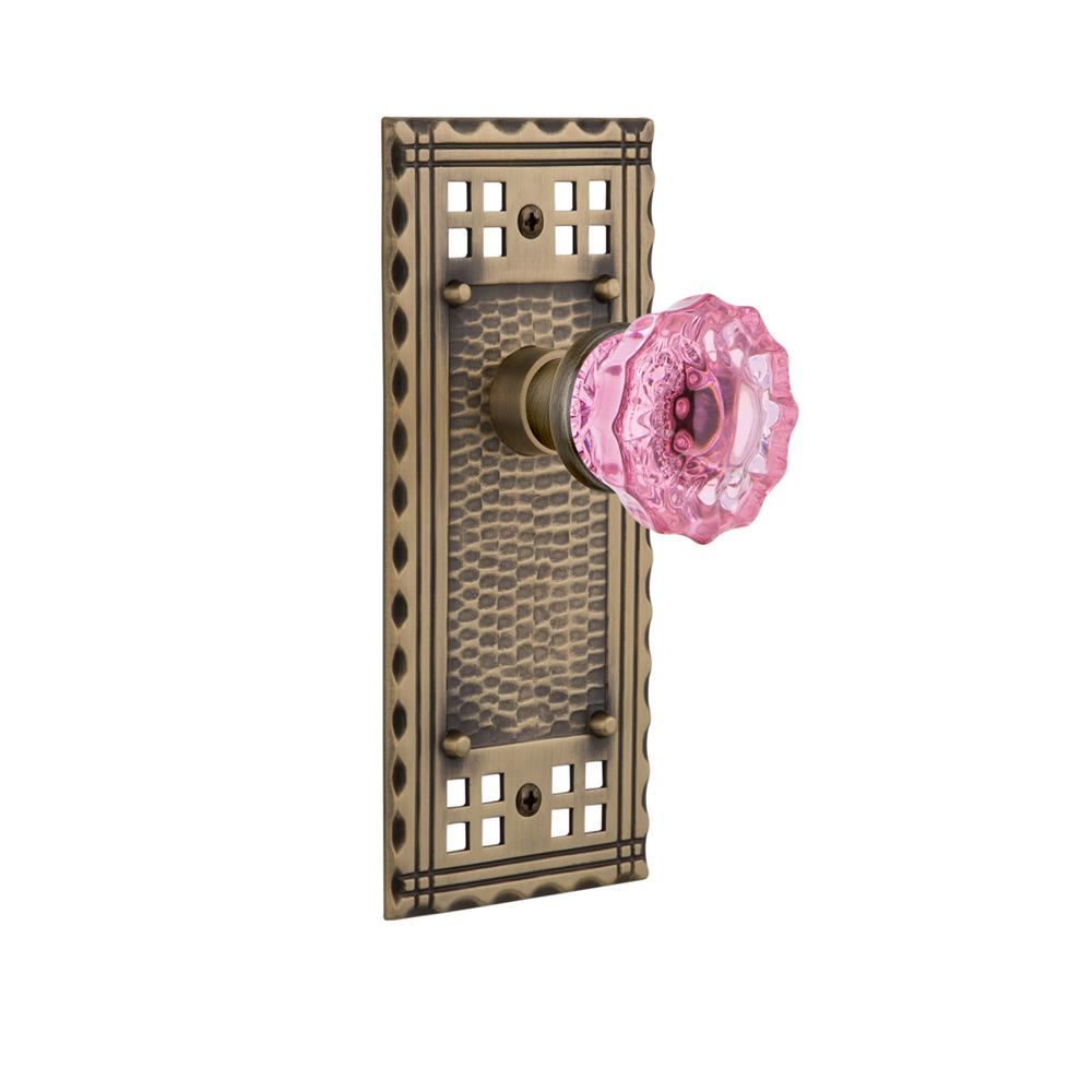 Nostalgic Warehouse CRACRP Colored Crystal Craftsman Plate Passage Crystal Pink Glass Door Knob in Antique Brass